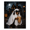 Halloween-Dackel im Geisterkleid mit Kaffee