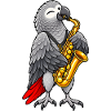 Graupapagei mit Saxophon