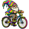 Psychedelischer Gartenzwerg auf Fahrrad