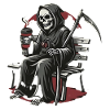 Grim Reaper Kaffee auf Bank