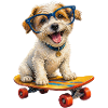 Hund auf Skateboard, blaue Brille