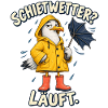 Schietwetter läuft Möwe im Regenmantel