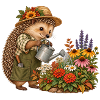 Igel gießt Gartenblumen