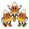 Drei retro-Cartoon-Candy-Corn-Figuren tanzen