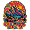 Psychedelische Berglandschaft Radfahrt 70er retro