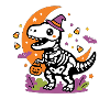 Skelett-Dinosaurier hält Kürbiskorb Halloween