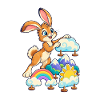 Fröhlicher Hase über Regenbogenlandschaft
