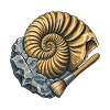 Ammonitfossil und Gebüsch