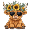 Hippie Highland Kuh mit Sonnenblumen