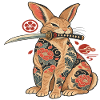 Katzen-Samurai mit Blüten-Tattoo