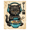 Gamer-Katze mit Ramen und Headset
