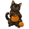 Schwarze Katze häkelt einen Korb