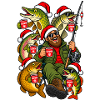 Weihnachtsangler mit Glühwein und Fischen