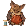 Fledermaus näht einen Lederbeutel