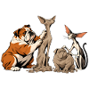 Bulldogge und Katze beim Bildhauern