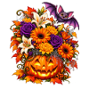Halloween Kürbis mit Herbstblumen & Fledermaus 