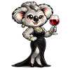 Koala-Dame im Abendkleid mit Rotwein