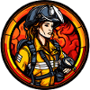 Feuerwehrfrau mit Helm und Flammen