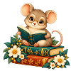 Lesermaus zwischen Büchern und Blumen