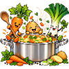 Fröhliche Gemüsefreunde kochen Suppe 