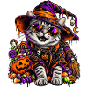 Bunte Halloween Hexenkatze mit Süßem
