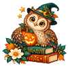 Halloween-Eule zwischen Büchern und Kürbis