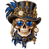 Totenkopf, Totenkopf, Steampunk-Hut, blaue Federn