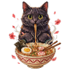 Schwarzer Kater schlürft Ramen Nudeln