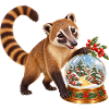 Nasenbär mit winterlicher Beerenwald-Schneekugel