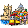 Lissabon Skyline mit bunter Straßenbahn