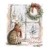 Weihnachtskatze am Fenster mit Kranz