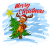 Merry Christmas - Rentier mit Geschenk am Baum