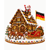 Weihnachtshaus mit Schlitten und Flagge