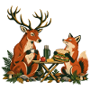 Rotwild und Fuchs beim Waldfrühstück