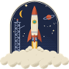 Retro Rakete beim Start, Nachthimmel-Badge