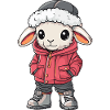 Schaf mit Winterjacke und Fellmütze