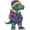 Dinosaurier mit Winterjacke und Mütze
