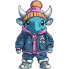 Stier mit Winterjacke und Mütze