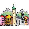 Innsbruck Skyline im bunten Kinderstil