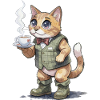 Katze im Tweed-Anzug mit Dampfender Tasse