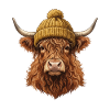 Hochlandrind mit Strickmütze