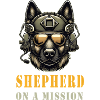 Schäferhund mit Militärhelm und Sonnenbrille