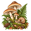 Waldpilze und Blattwerk