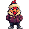 Hahn mit Winterjacke und Fellmütze