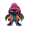 Spinne mit Winterjacke und pinker Mütze