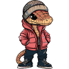 Schlange mit Winterjacke und Mütze