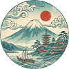 Fuji mit roter Sonne und Pagode