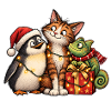 Weihnachts-Pinguin-Katze und Chamäleon-Freunde