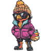 Vogel mit Winterjacke und Sonnenbrille