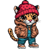 Leopard mit Winterjacke und Mütze
